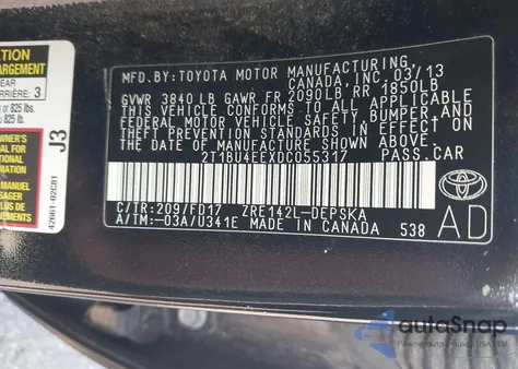 2013 Toyota Corolla S z USA, uszkodzony, nr VIN 2T1BU4EEXDC055317